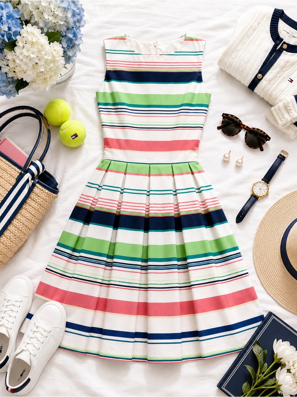 TOMMY HILFIGER White Neon Striped Cotton Pleated Fit & Flare Dress Pleated - Picture 2 of 16